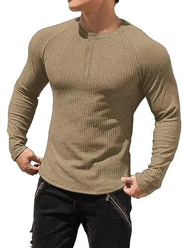 Muhshoiy Langarmshirts Muhshoiy Cotton Rippshirt, Kurzärmeligesshirt/Langarmshirt Herren, Slim Fit Muscle Shirt, Basic Henley Tee, Lässiges T-Shirt für Herren, Fitness Shirt