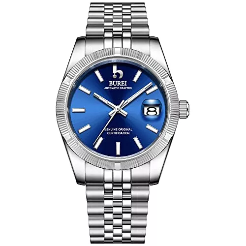 BUREI Uhren BUREI Herren Luxus Automatikuhren 24 Dial Analog Kalenderfenster Anzeige aus Saphirglas mit zweifarbigem Edelstahlband