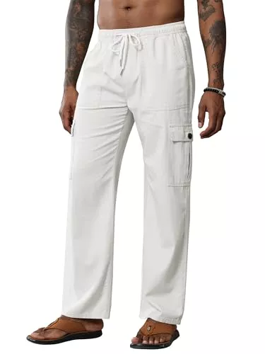 Breampot Hosen Breampot Herren Leinenhose Lang Leicht Sommerhose Baumwolle Cargo Loose Freizeithose mit Kordelzug