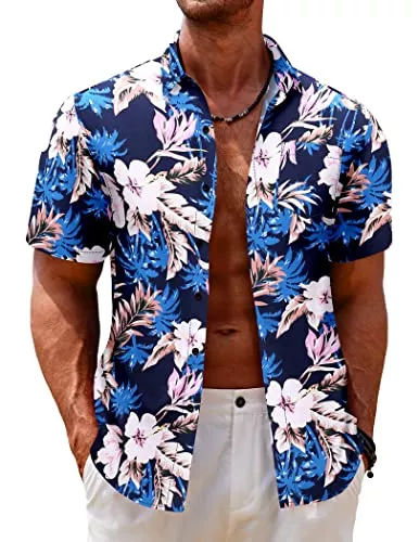 COOFANDY Hemden COOFANDY Herren Hawaii Hemd Kurzarm Casual Button Down Freizeithemden Sommer Blumenmuster Strandhemd Mit Taschen