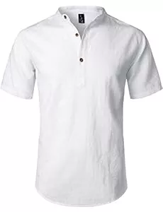 LucMatton Hemden LucMatton Herren Casual Baumwolle Leinen Kurzarm Henley Hemd Sommer Leichte Strandtops mit Stehkragen