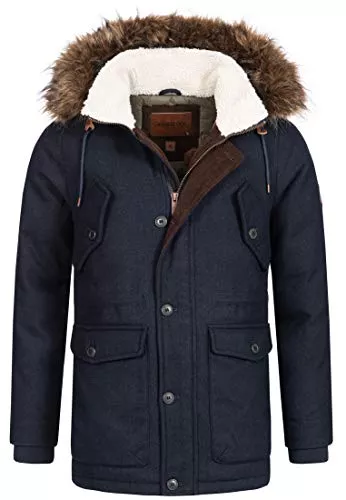 Indicode Mäntel Indicode Herren Baynes Winterjacke m. Fell-Kapuze | Warmer Winterparka aus 55% Wolle robuste Herrenjacke Parka Winddichte gefütterte Outdoorjacke Lange Winter Jacke f. Männer