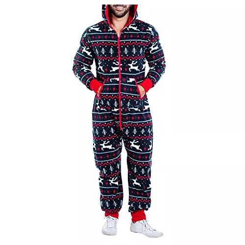Dasongff Jumpsuits Herren Weihnachten Einteiler Schlafanzug Onesie Schlafoveralls Mit Kapuze &amp; Reißverschluss Langarm Morgenmantel Kuscheliger Strampler Bademantel für Männer Schlafanzug Hausanzug Jumpsuit Sleepwear