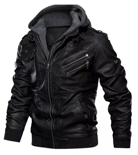 Uusollecy Jacken Uusollecy Herren Lederjacke, Abnehmbarer Kapuze Hooded Leather Jacket Mit Reißverschluss