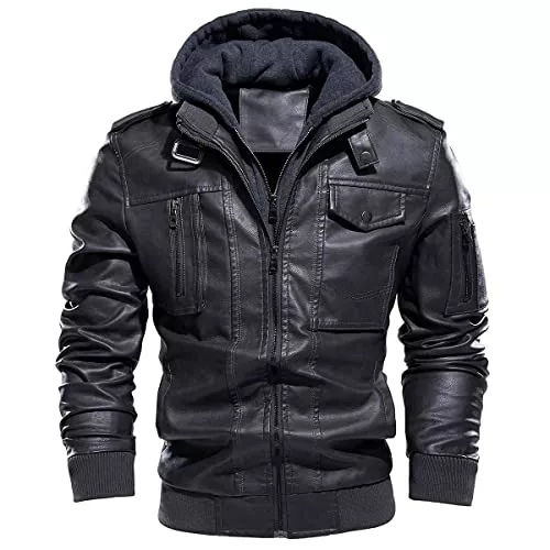 CARWORNIC Jacken CARWORNIC Herren Kunst-Lederjacke Bomberjacke Vintage Übergangsjacke Bikerjacke Herrenjacke Winter Freizeitjacke mit Abnehmbarer Kapuze