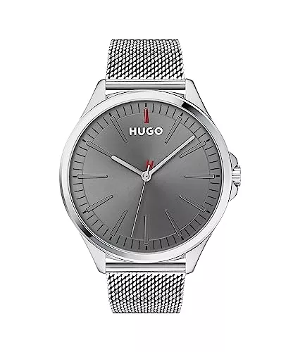 HUGO Uhren HUGO Analog Quarzuhr für Herren mit Silbernes Edelstahl-Mesh-Gliederarmband - 1530135